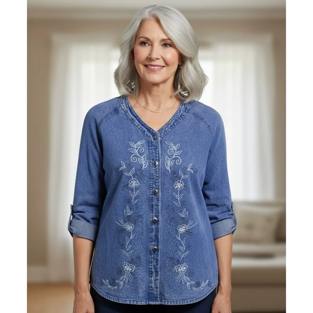 Vintage Patch Denim shirt Blue Size L •When life gives you scraps.make a quilt - Picture 1 of 12